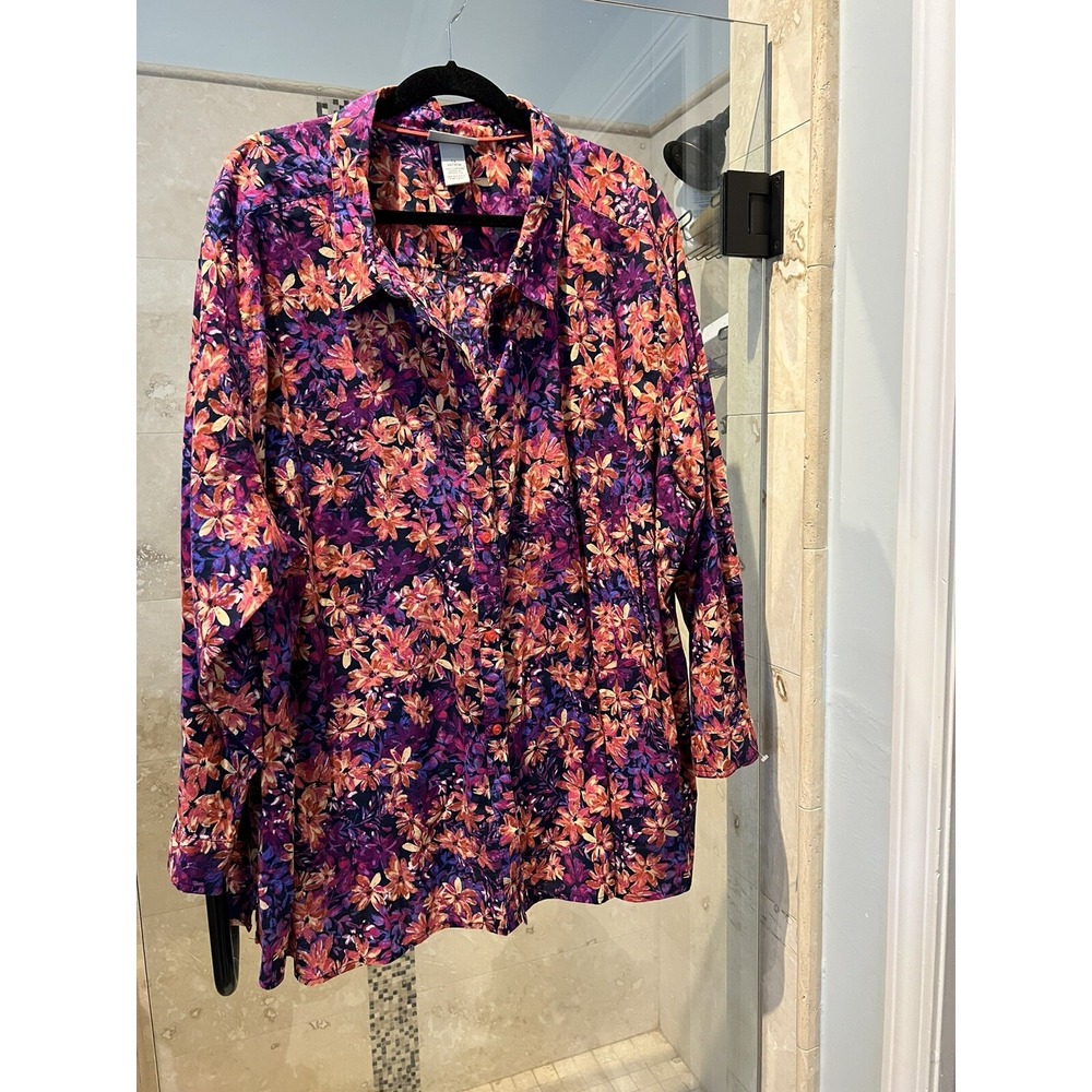 Catherines Womens Shirt 5X Plus Floral Orange Purple 100% Cotton Button Up